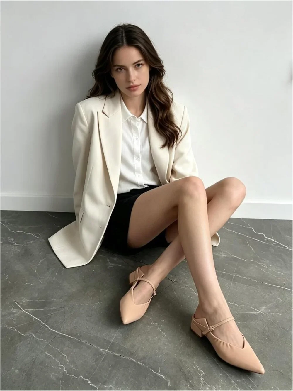 Women's Nude Mary Jane Pointed Toe Ballet Flats Foldable Office Dress Shoes